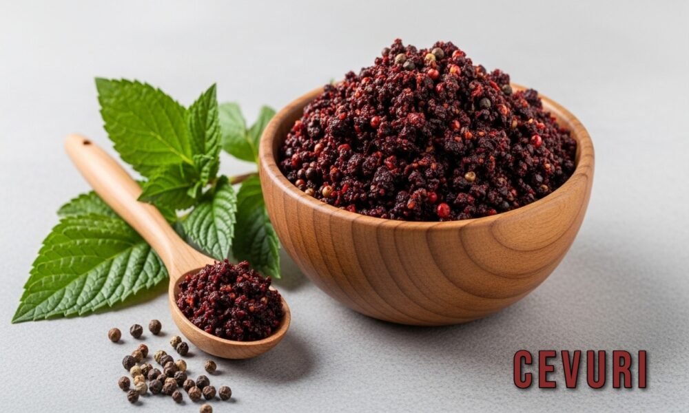 Cevurı spice blend in a wooden bowl with herbs and seeds around