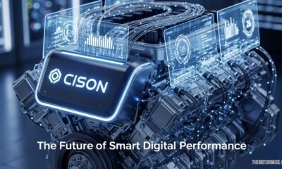 Illustration of cison engine technology concept showing a digital engine system powering modern software and smart technology.