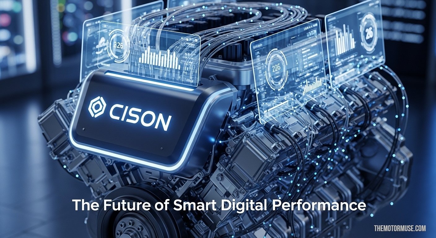 Illustration of cison engine technology concept showing a digital engine system powering modern software and smart technology.