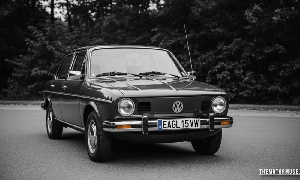 Vintage Eagle VW dealership sign displayed outside a classic Volkswagen showroom with Beetle and Golf models parked nearby.