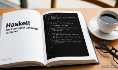 Haskell code displayed on a computer screen with a developer analyzing functional programming concepts.
