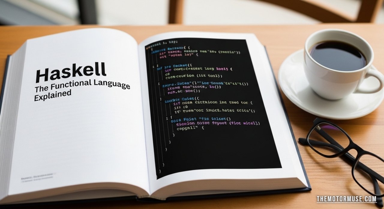 Haskell code displayed on a computer screen with a developer analyzing functional programming concepts.