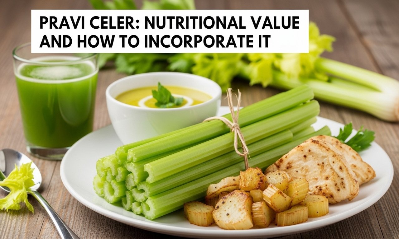 Fresh Pravi Celer stalks on a wooden cutting board, ready for cooking or snacking.