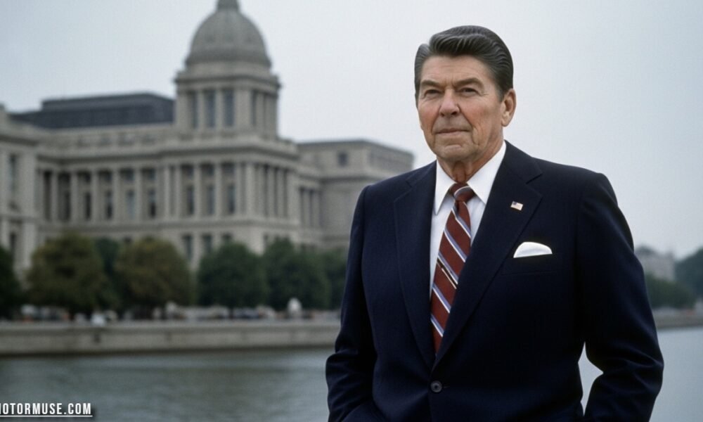 Ronald Reagan delivering an economic speech in the 1980s, illustrating the era of Reaganomics and major U.S. policy changes.