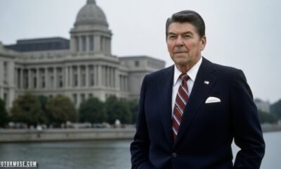 Ronald Reagan delivering an economic speech in the 1980s, illustrating the era of Reaganomics and major U.S. policy changes.