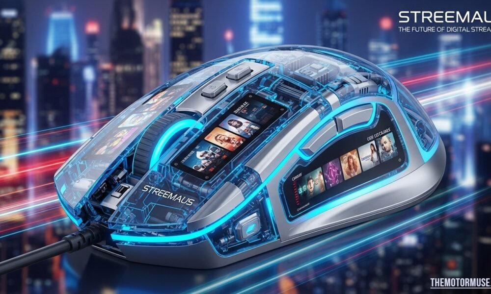 User streaming digital content on multiple devices with streemaus interface displayed on a smart TV, laptop, and smartphone.