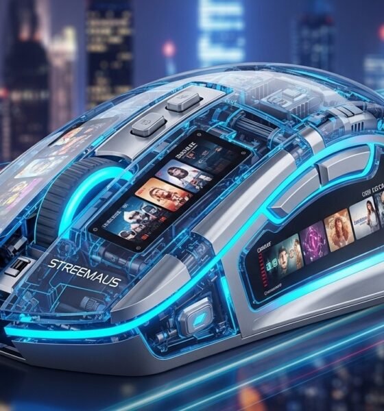 User streaming digital content on multiple devices with streemaus interface displayed on a smart TV, laptop, and smartphone.