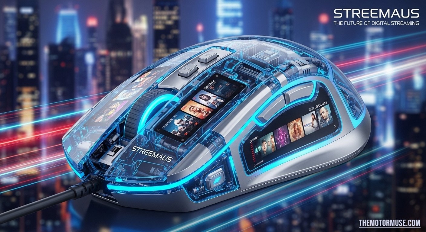 User streaming digital content on multiple devices with streemaus interface displayed on a smart TV, laptop, and smartphone.