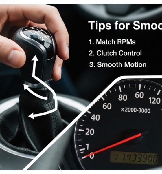 “Driver shifting from first to second gear smoothly in a manual car”