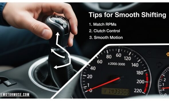 “Driver shifting from first to second gear smoothly in a manual car”