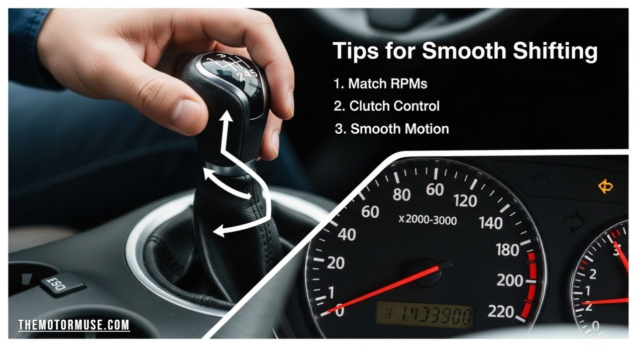 “Driver shifting from first to second gear smoothly in a manual car”