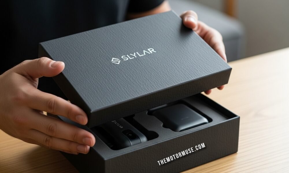 Unboxing the Slylar Box showing neatly organized compartments and sleek design