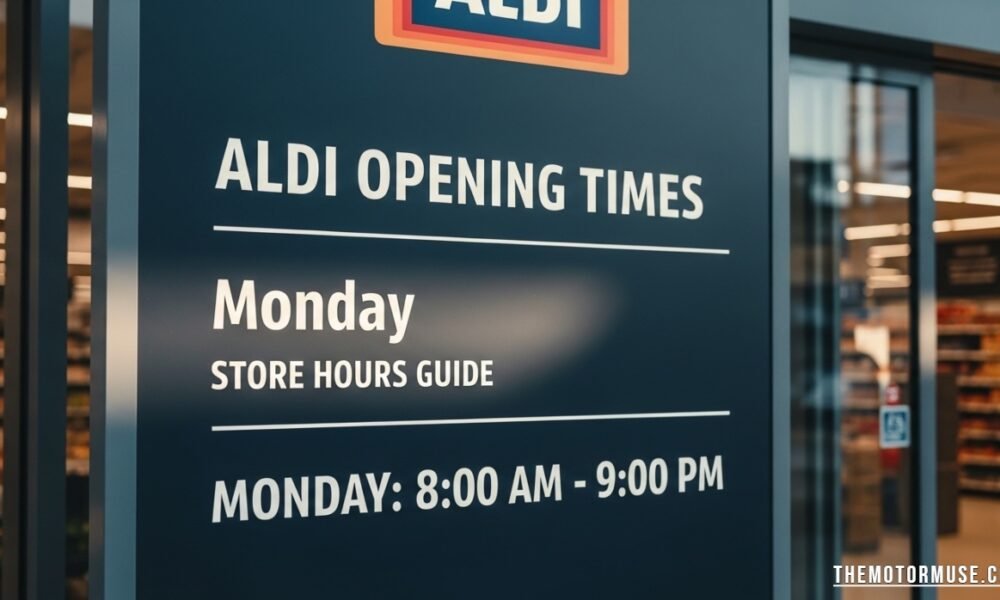 Customer entering Aldi supermarket during regular opening times on a weekday.