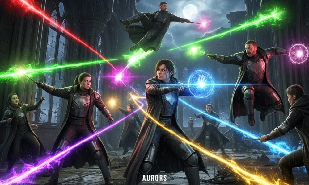 Auror casting defensive spell during a dark wizard battle in the Harry Potter universe