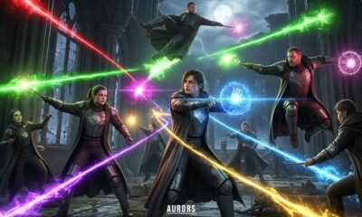 Auror casting defensive spell during a dark wizard battle in the Harry Potter universe