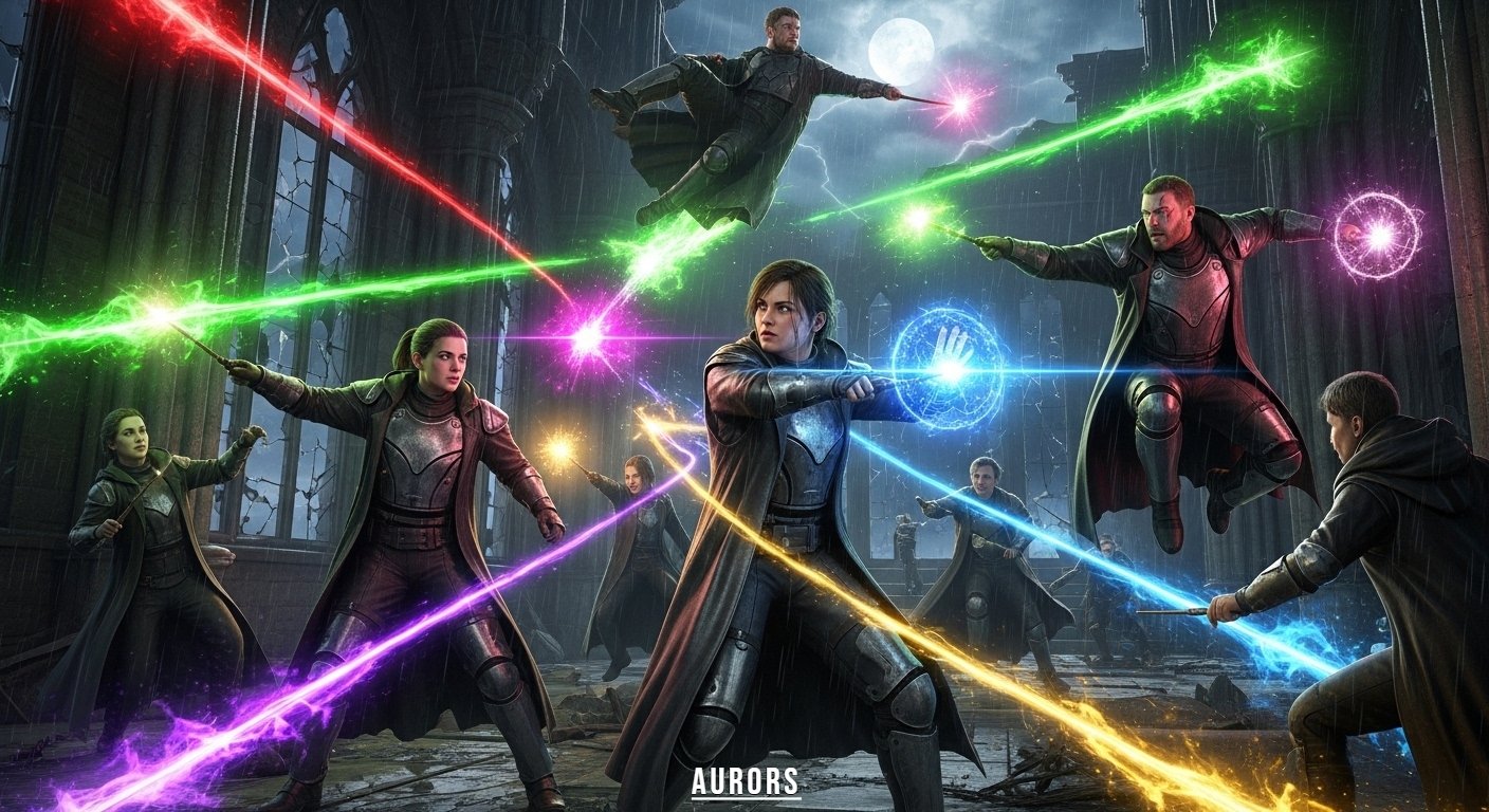 Auror casting defensive spell during a dark wizard battle in the Harry Potter universe