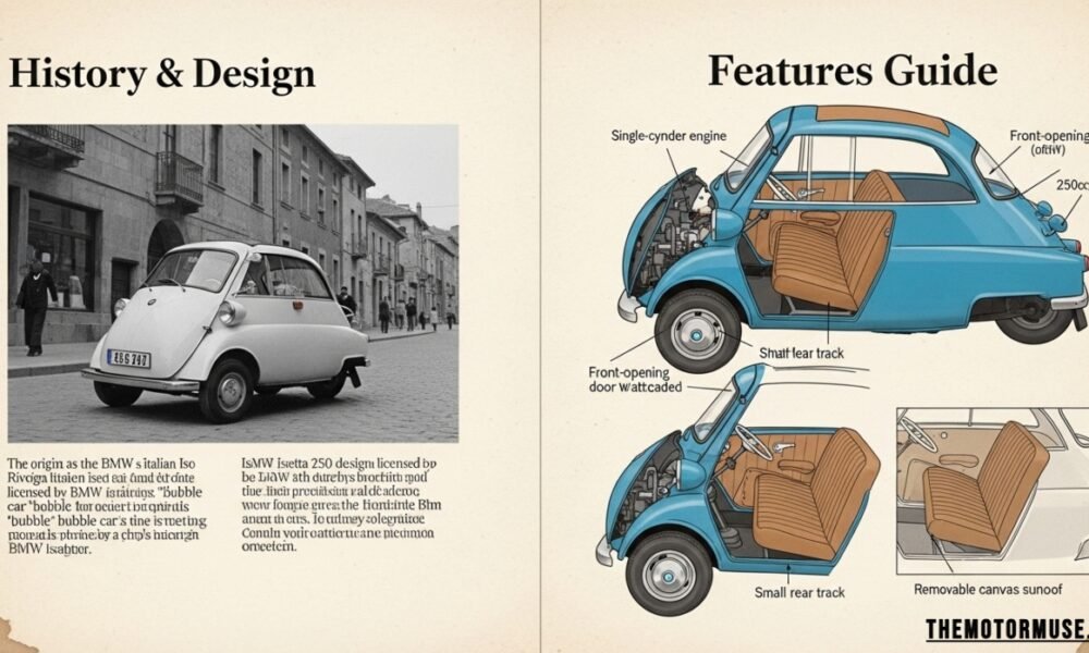 BMW Isetta compact microcar with front opening door parked on a street, showcasing its unique bubble design and retro style