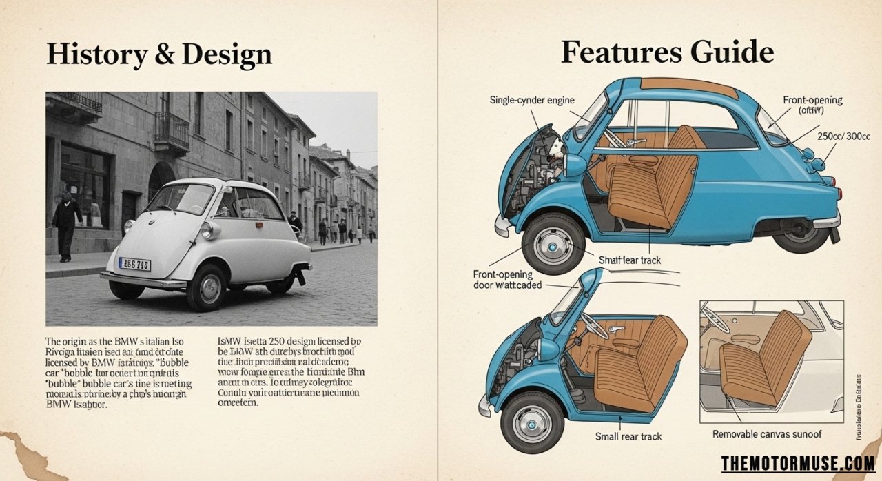 BMW Isetta compact microcar with front opening door parked on a street, showcasing its unique bubble design and retro style