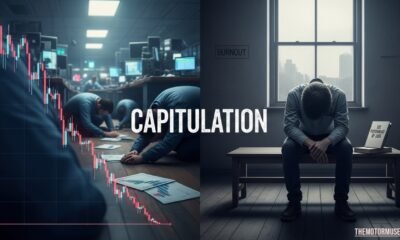 investor observing market decline, symbolizing capitulation in finance and emotional surrender.