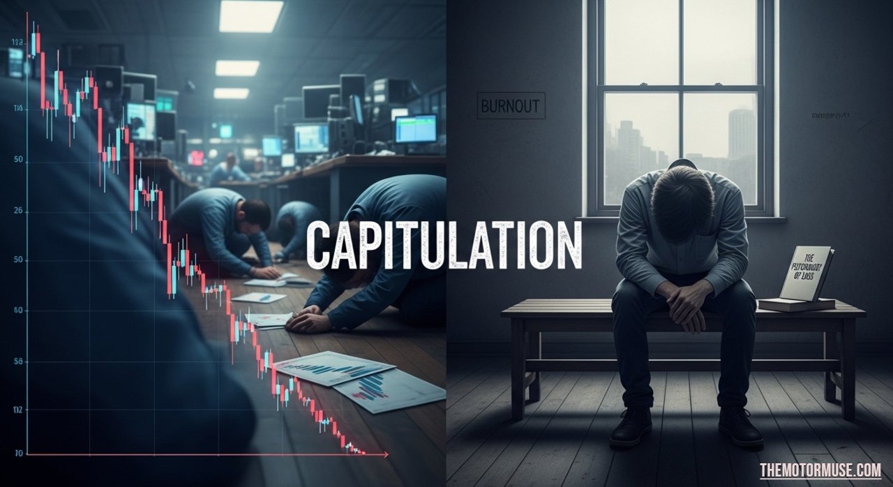 investor observing market decline, symbolizing capitulation in finance and emotional surrender.