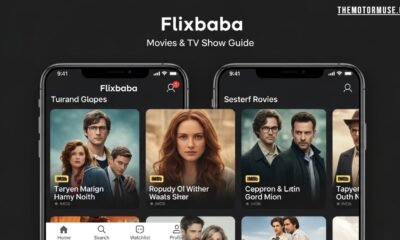 Flixbaba app interface illustration showing movie and TV show browsing, reviews, and digital entertainment features