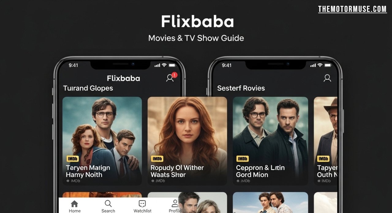 Flixbaba app interface illustration showing movie and TV show browsing, reviews, and digital entertainment features