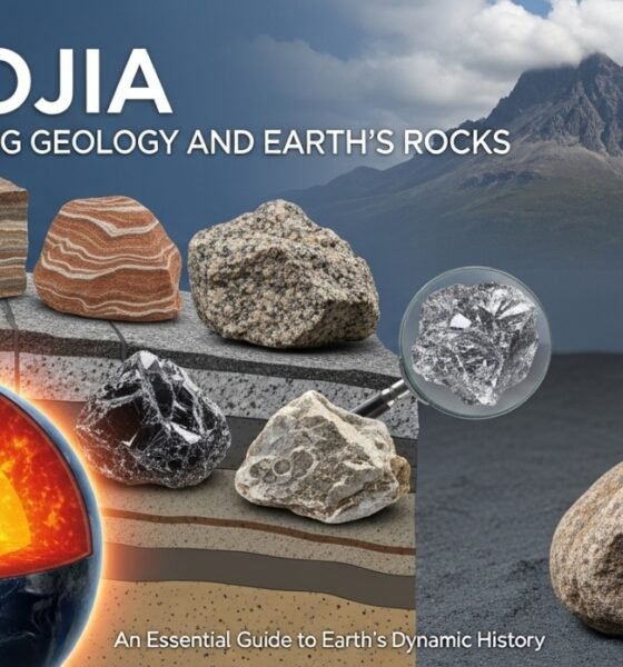 "Illustration of Jiolojia showing Earth's rocks, layers, and geological processes"
