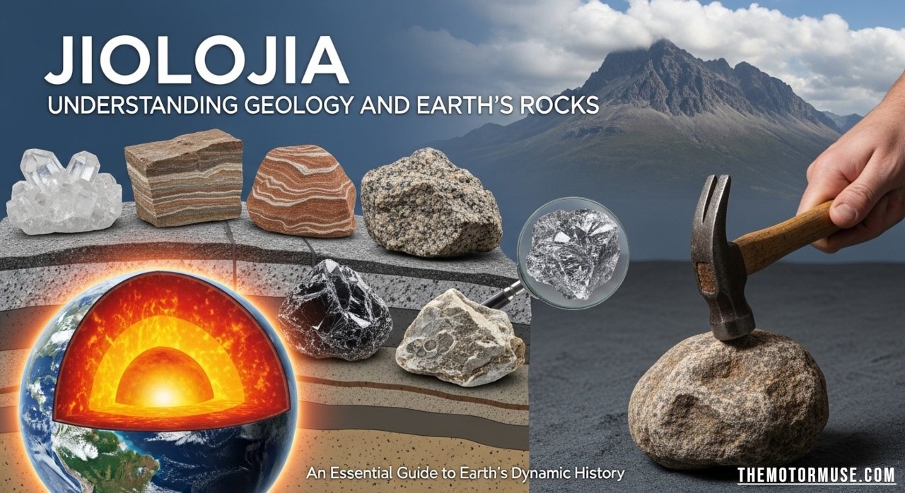 "Illustration of Jiolojia showing Earth's rocks, layers, and geological processes"