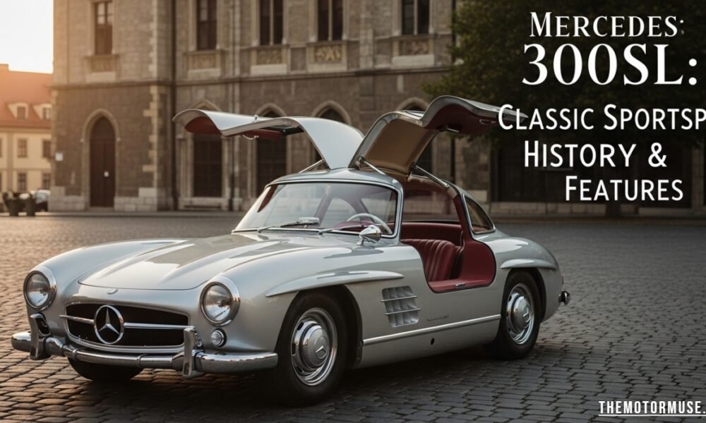 Mercedes 300SL classic sports car parked outdoors, showcasing its sleek body, iconic gullwing doors, and vintage design.