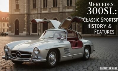 Mercedes 300SL classic sports car parked outdoors, showcasing its sleek body, iconic gullwing doors, and vintage design.