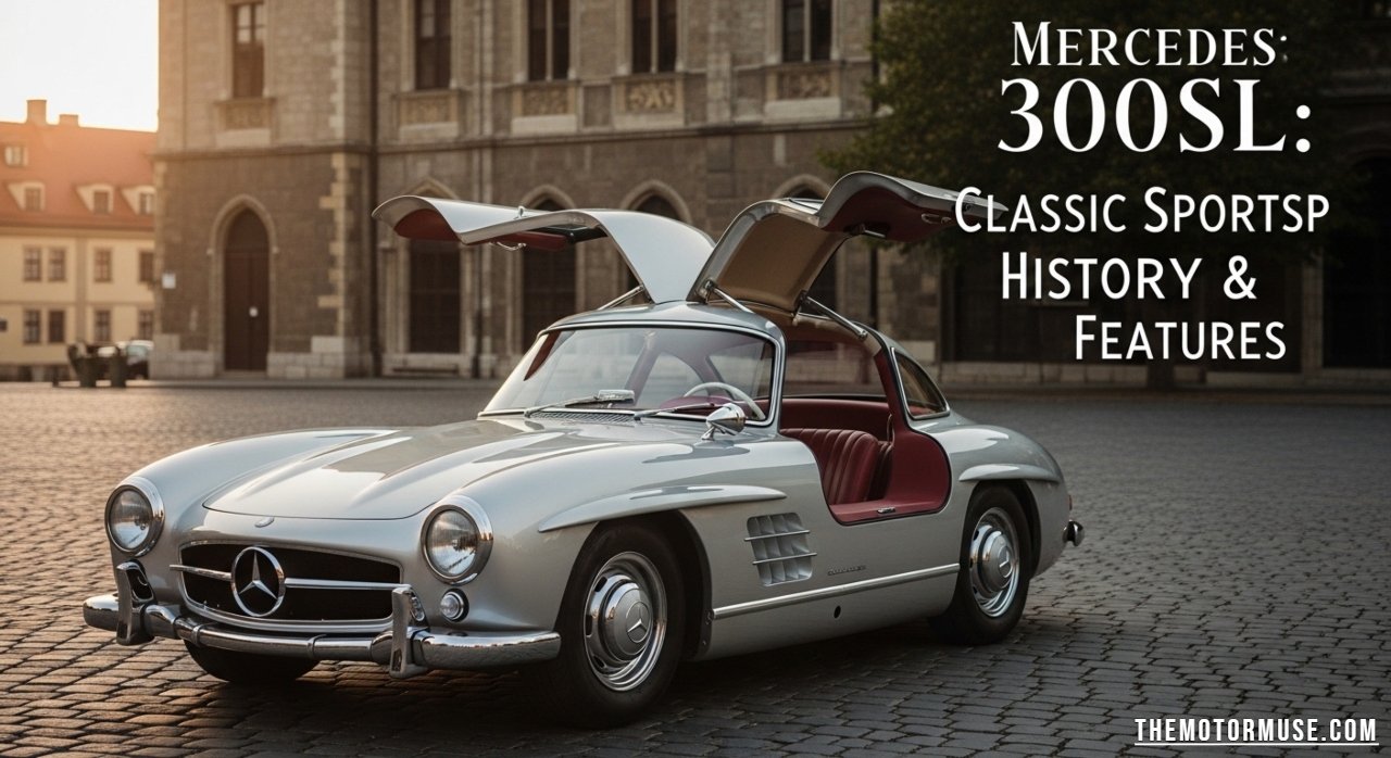 Mercedes 300SL classic sports car parked outdoors, showcasing its sleek body, iconic gullwing doors, and vintage design.