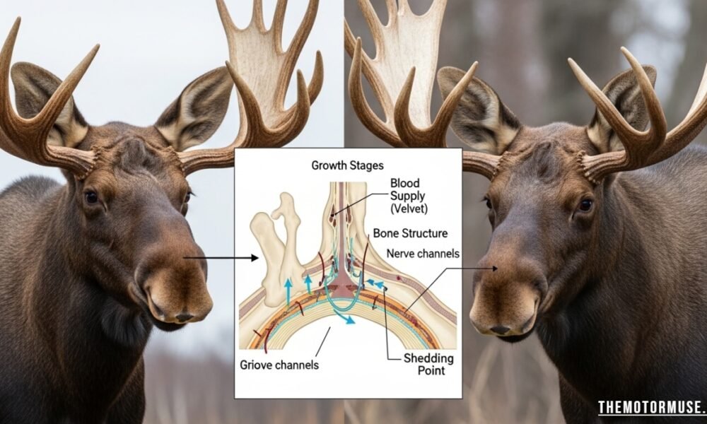 Large moose antlers with broad palmate shape displayed on a male moose standing in a natural forest habitat.