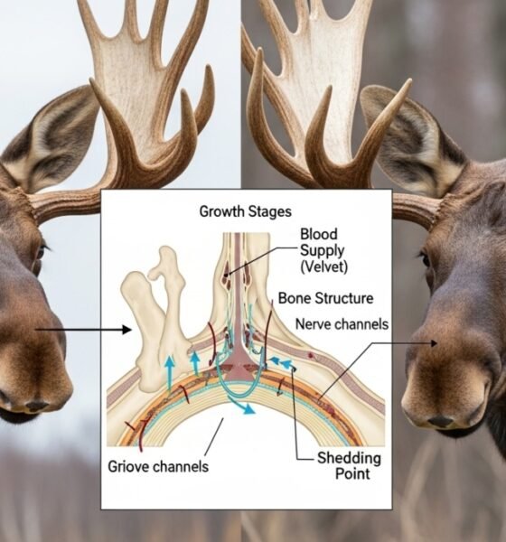 Large moose antlers with broad palmate shape displayed on a male moose standing in a natural forest habitat.