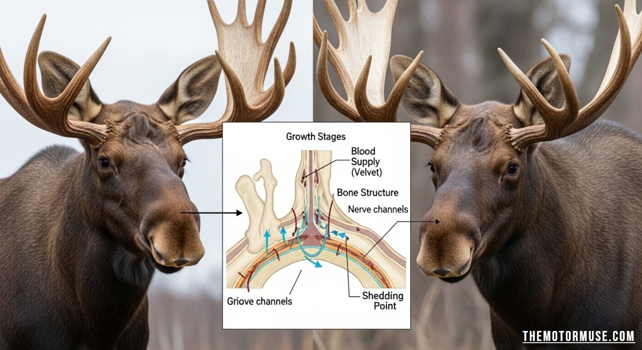 Large moose antlers with broad palmate shape displayed on a male moose standing in a natural forest habitat.