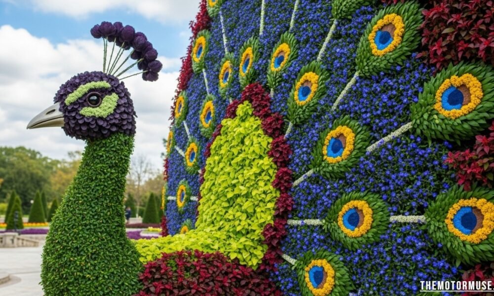 Colorful mosaiculture plant sculpture shaped like an animal, created with vibrant foliage in a landscaped garden display.