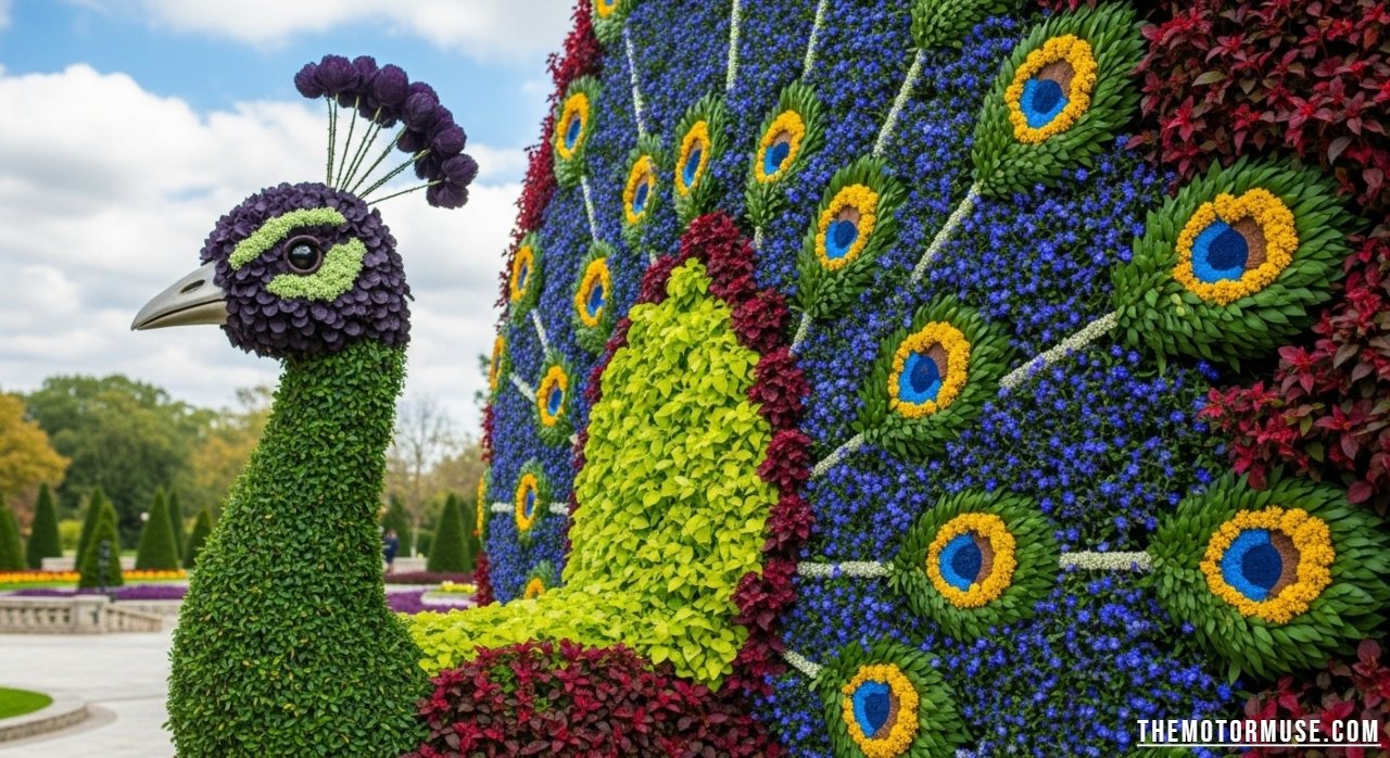 Colorful mosaiculture plant sculpture shaped like an animal, created with vibrant foliage in a landscaped garden display.