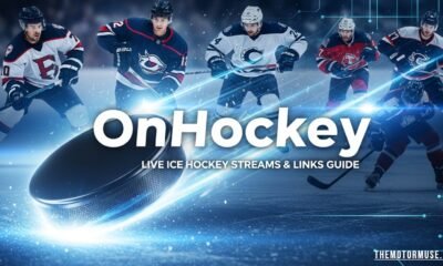 OnHockey streaming platform showing live ice hockey game with players, rink, and scoreboard on screen