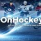 OnHockey streaming platform showing live ice hockey game with players, rink, and scoreboard on screen