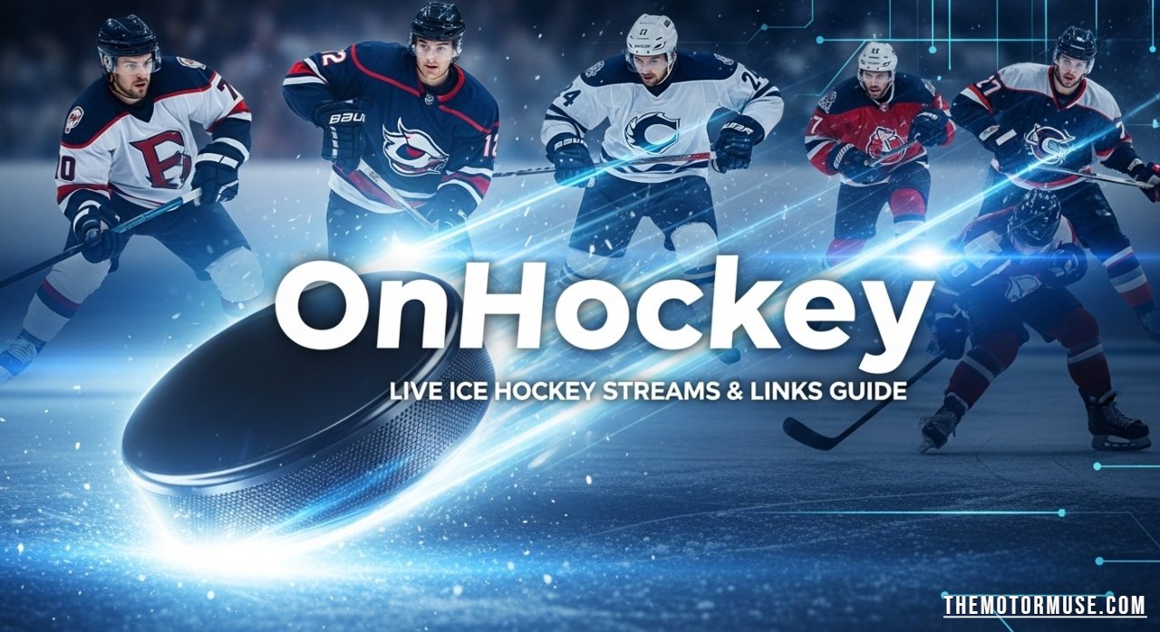 OnHockey streaming platform showing live ice hockey game with players, rink, and scoreboard on screen