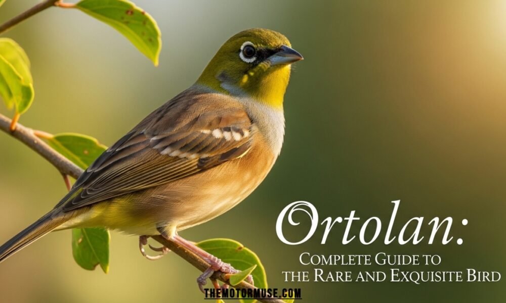 Ortolan small rare bird perched on a tree branch