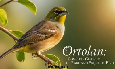 Ortolan small rare bird perched on a tree branch