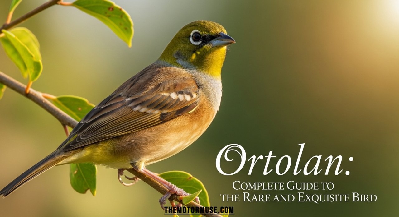 Ortolan small rare bird perched on a tree branch
