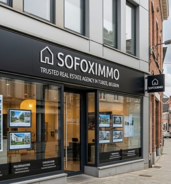 Exterior view of Sofoximmo real estate agency office in Tubize, Belgium, showcasing professional property services