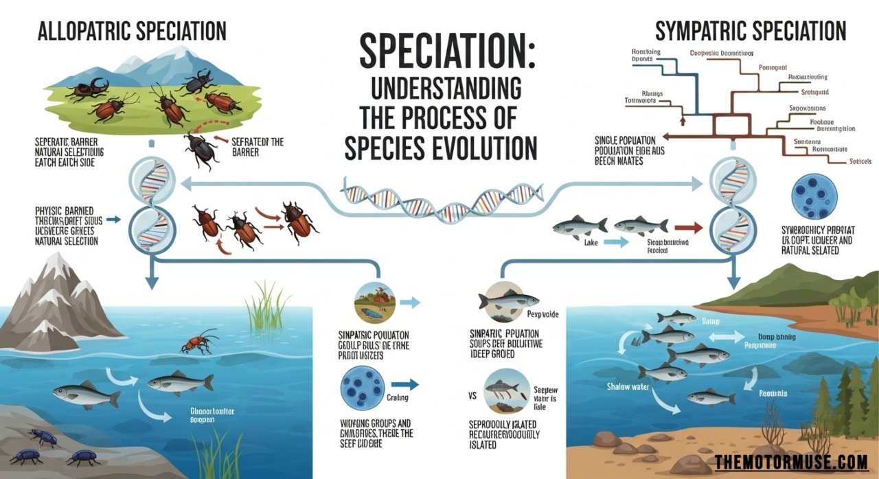 Illustration of speciering showing evolution and emergence of new biological species from existing ones