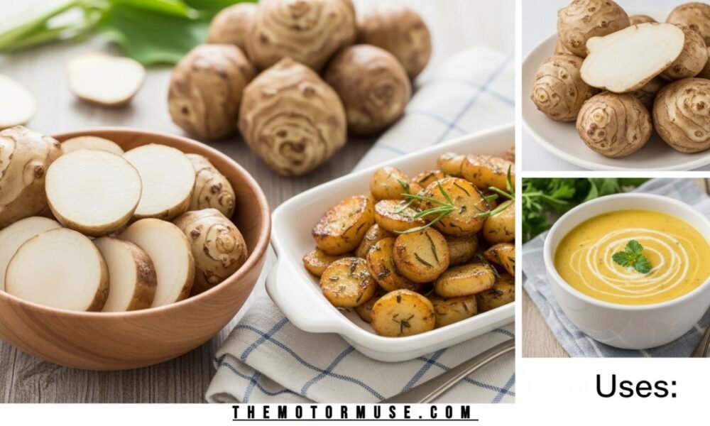 Fresh sunchokes (Jerusalem artichokes) displayed on a wooden surface, showing their knobby, earthy root texture.