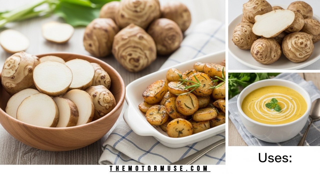 Fresh sunchokes (Jerusalem artichokes) displayed on a wooden surface, showing their knobby, earthy root texture.