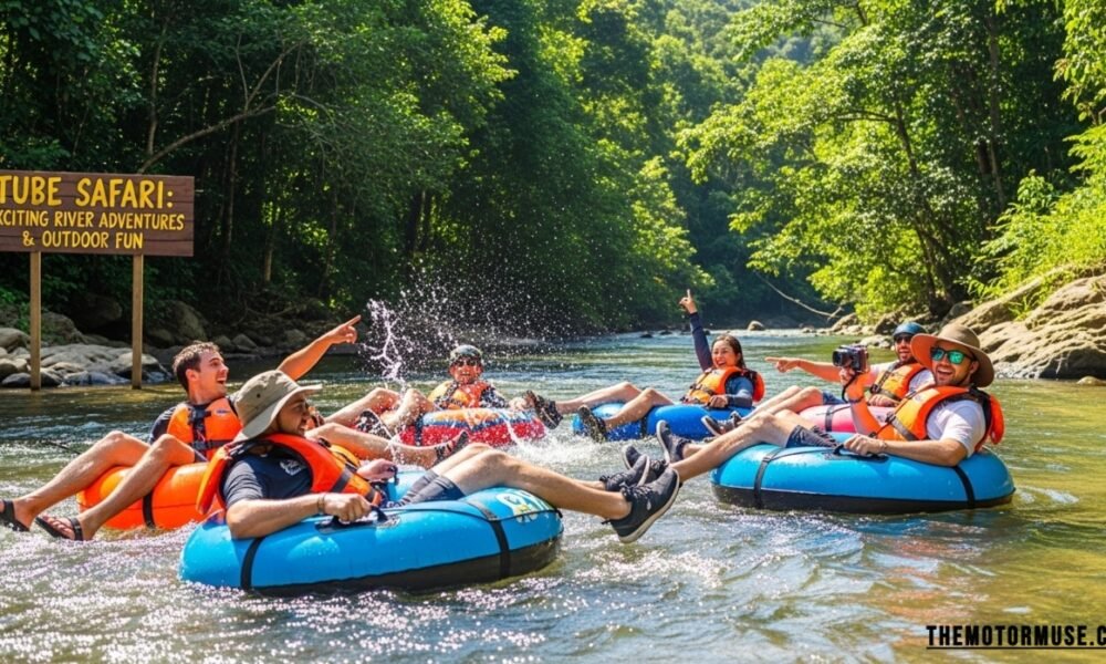 Tube Safari adventure on river with participants floating on inflatable tubes through scenic outdoor landscape