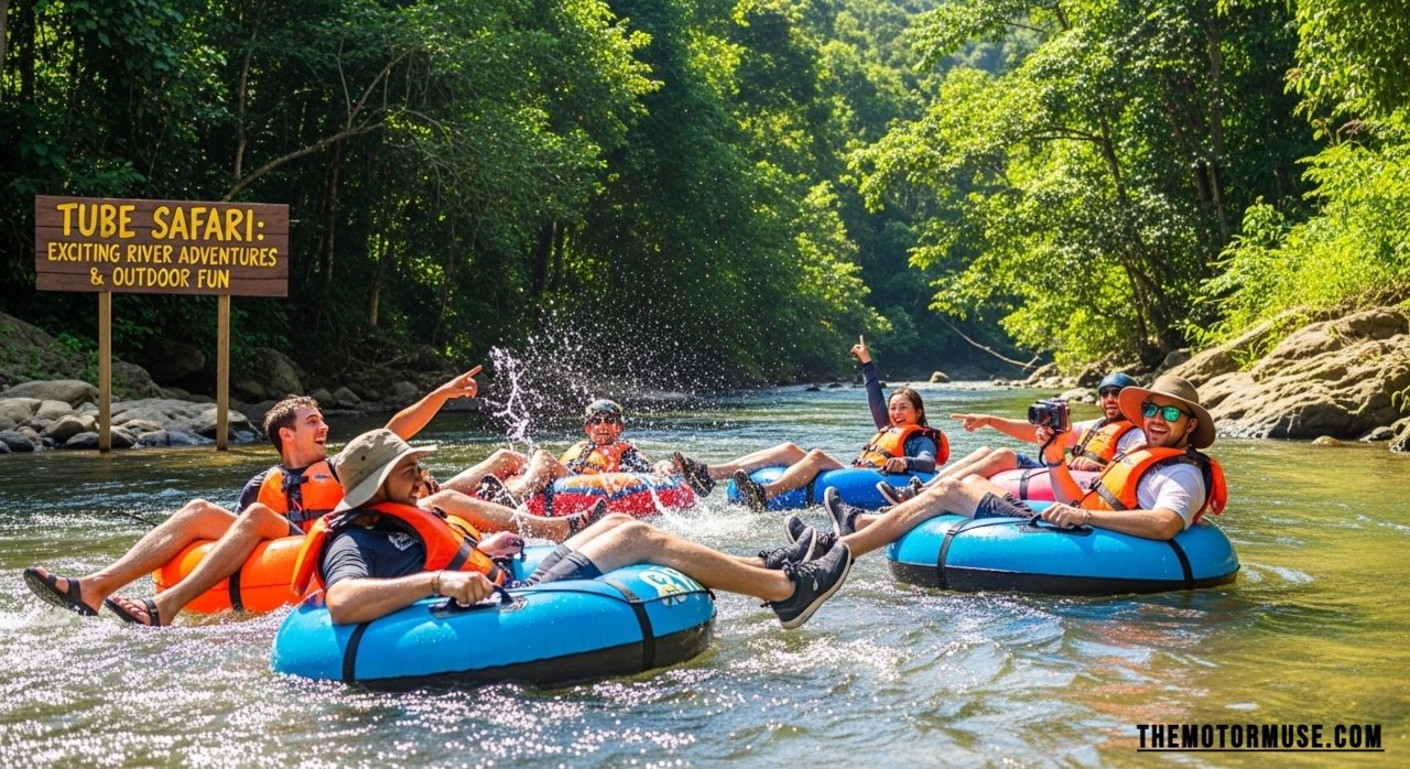 Tube Safari adventure on river with participants floating on inflatable tubes through scenic outdoor landscape