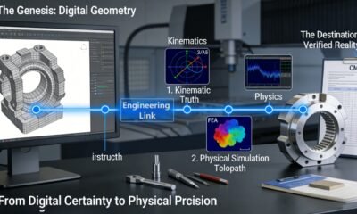 A clear visual chain in a modern lab: from a 3D CAD model on a screen, through key nodes of kinematic coordinate systems, physics-based force/heat simulation, and optimized G-code, to a flawless physical part with a matching CMM report, illustrating the deterministic engineering principles of CNC milling.