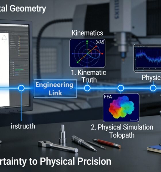 A clear visual chain in a modern lab: from a 3D CAD model on a screen, through key nodes of kinematic coordinate systems, physics-based force/heat simulation, and optimized G-code, to a flawless physical part with a matching CMM report, illustrating the deterministic engineering principles of CNC milling.